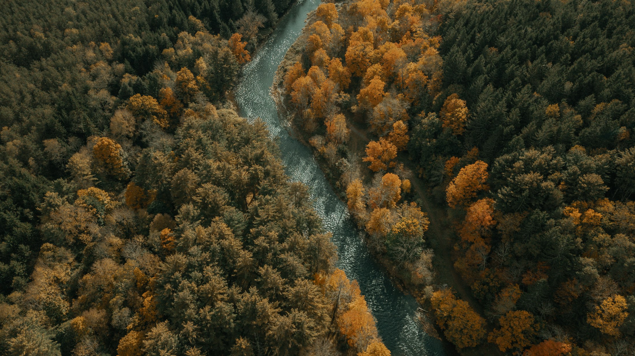 Autumn aerial of a river winding through the forests of upstate New York